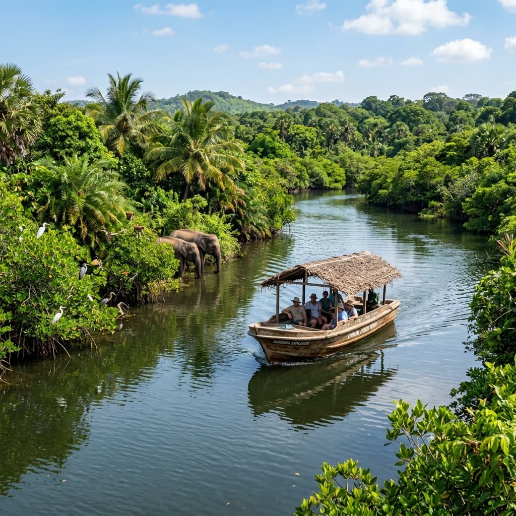 Traditional safari boat cruising through a lush green tropical lagoon in Arugam Bay