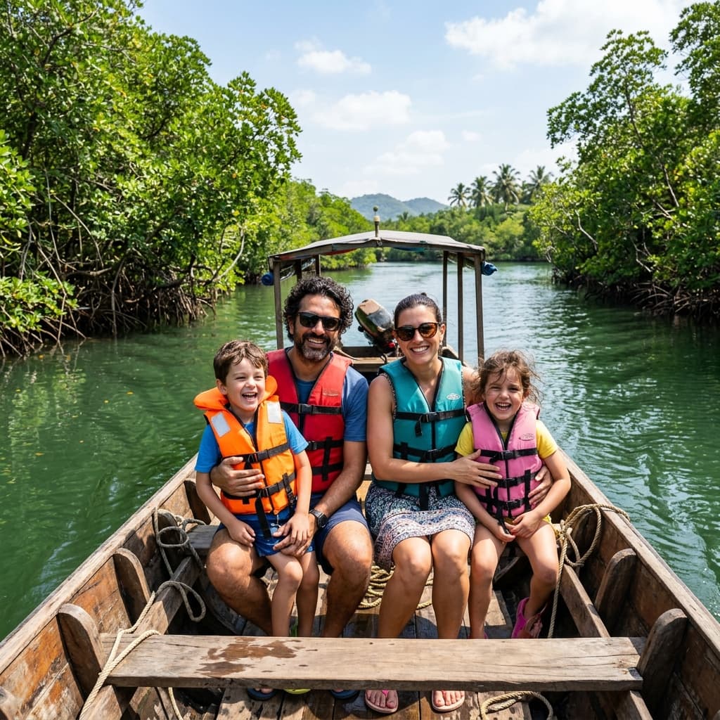 Happy family enjoying a scenic mangrove boat ride in Arugam Bay