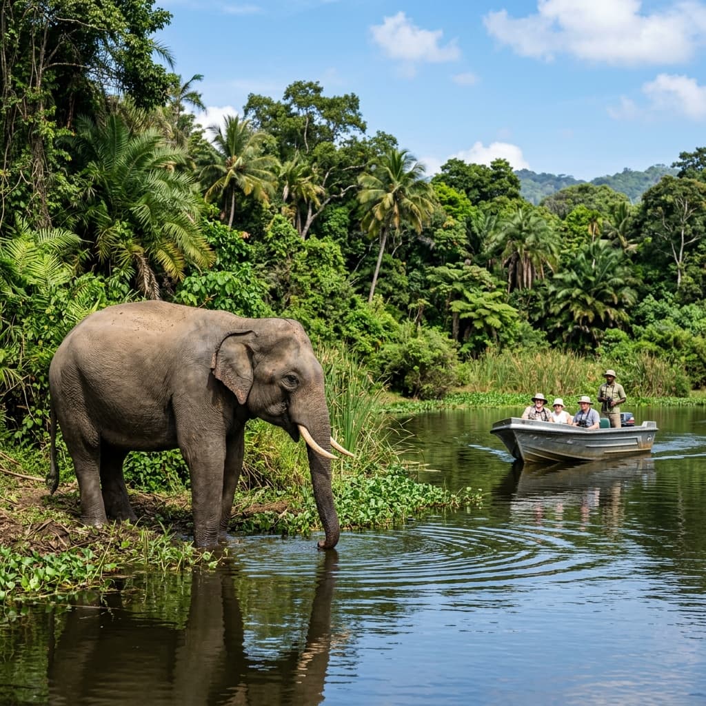 Wild elephant standing by the edge of a tropical lagoon during a boat safari