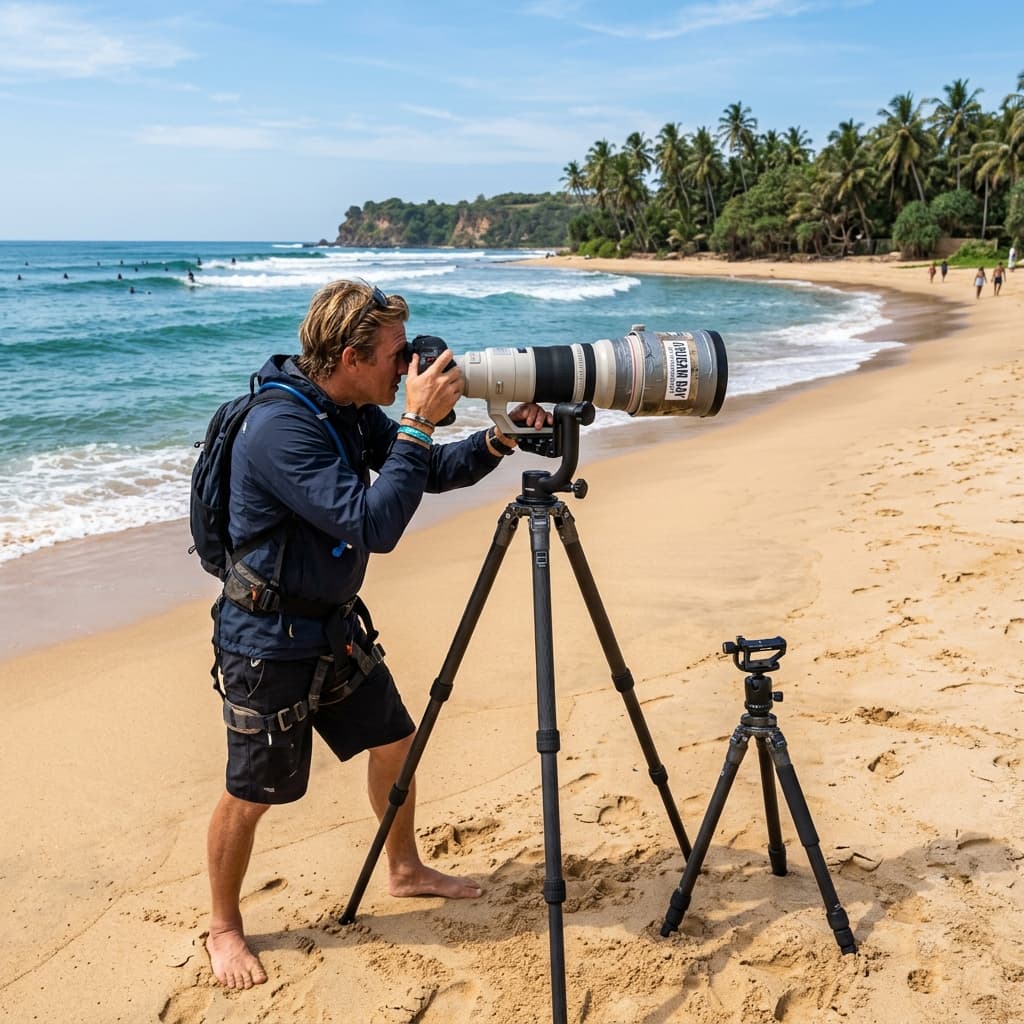 Professional surf photographer using a long telephoto lens on the beach