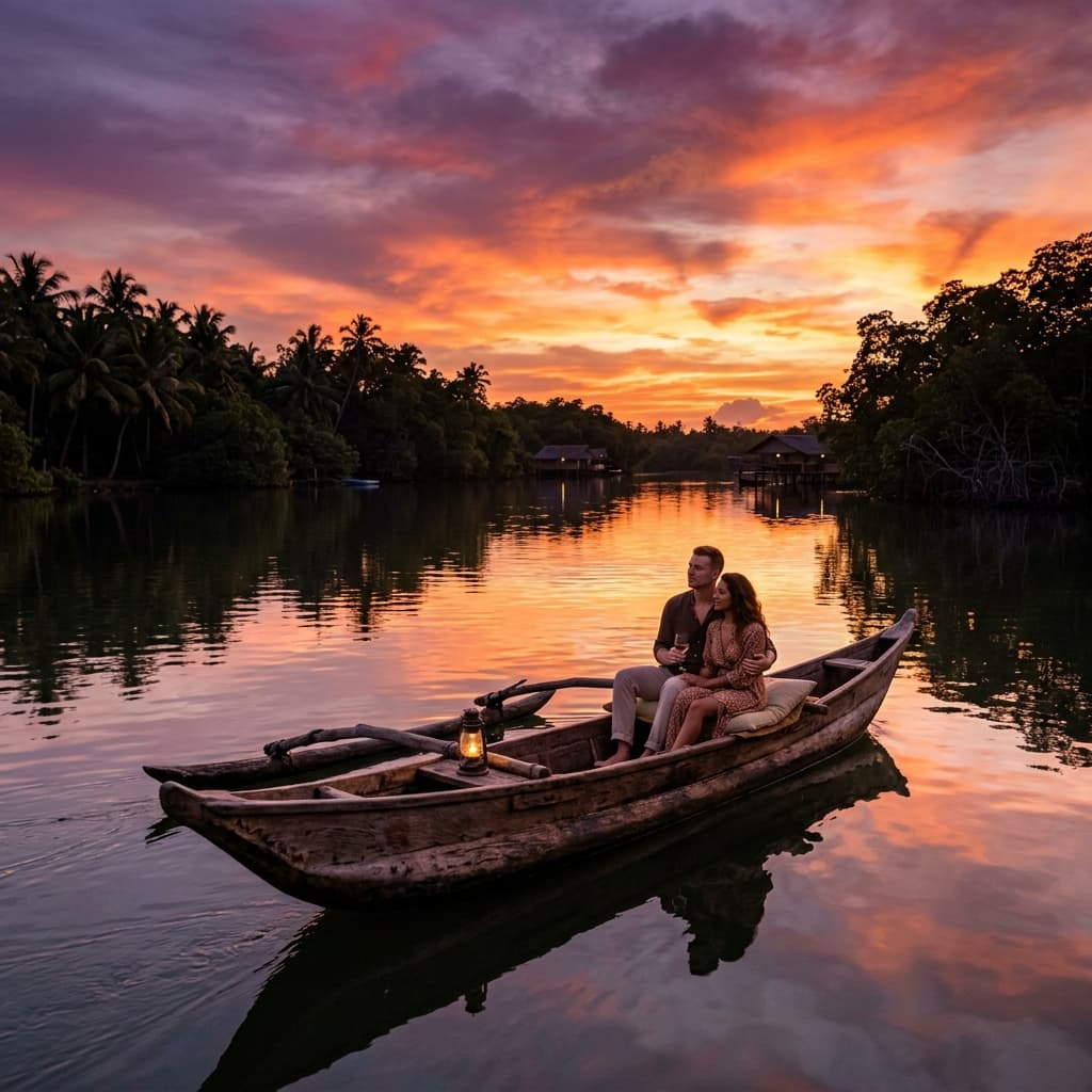 Romantic sunset boat ride on a calm tropical lagoon in Sri Lanka