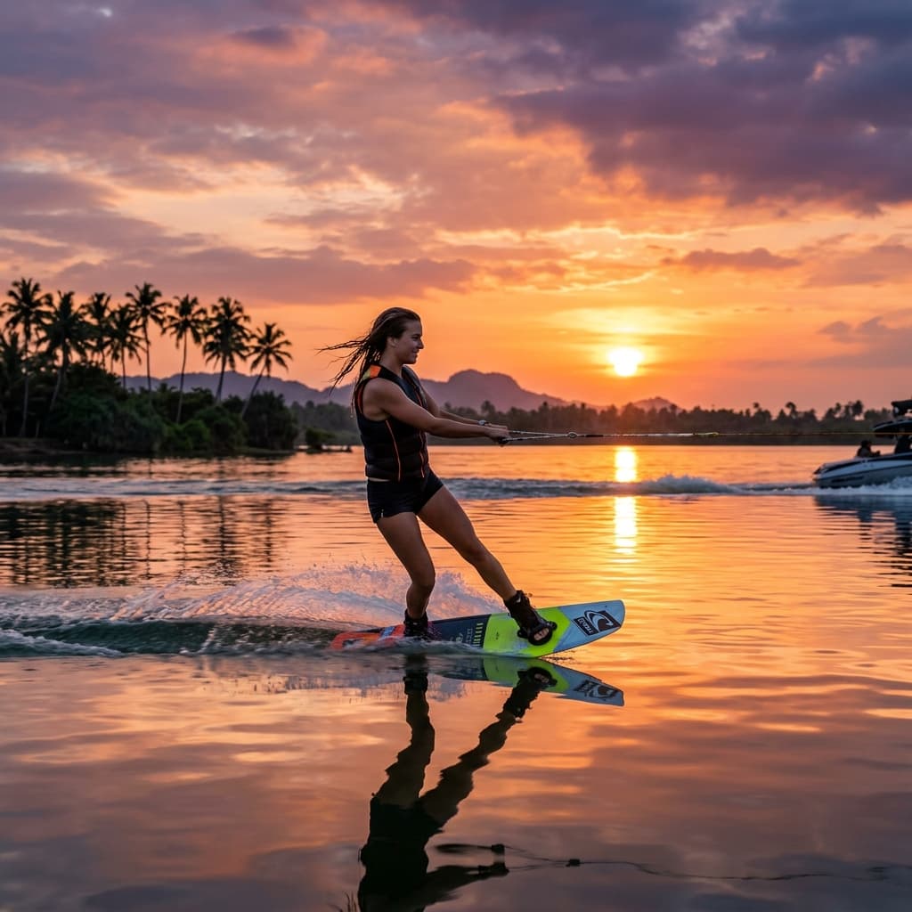 Wakeboarder gliding smoothly across the glassy lagoon during a golden sunset