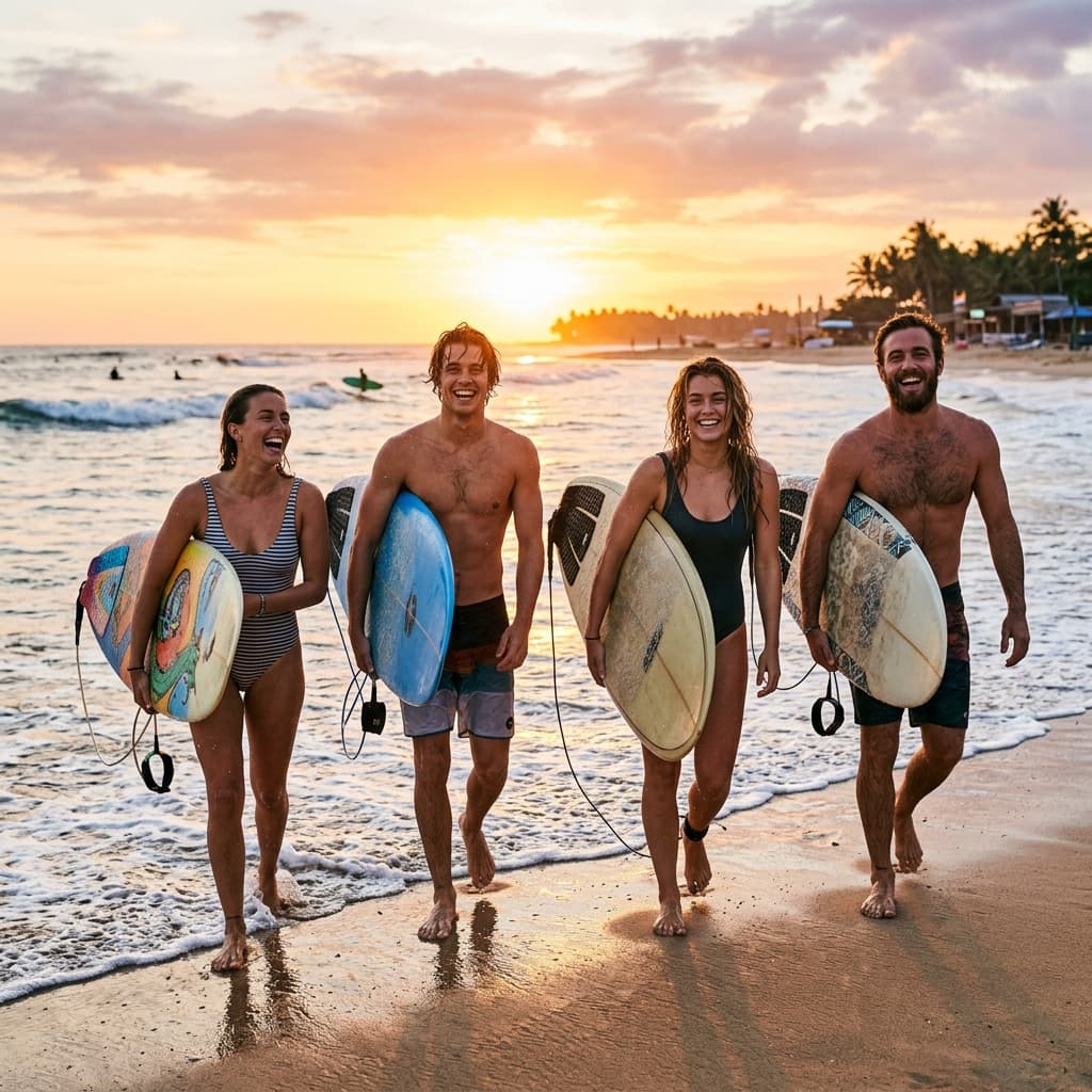 Group of happy surfers smiling after a session, golden hour beach photography