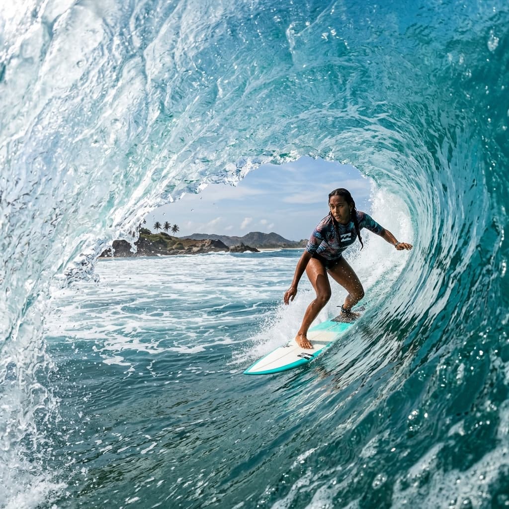 Epic photo looking out from inside the barrel of a wave in Arugam Bay