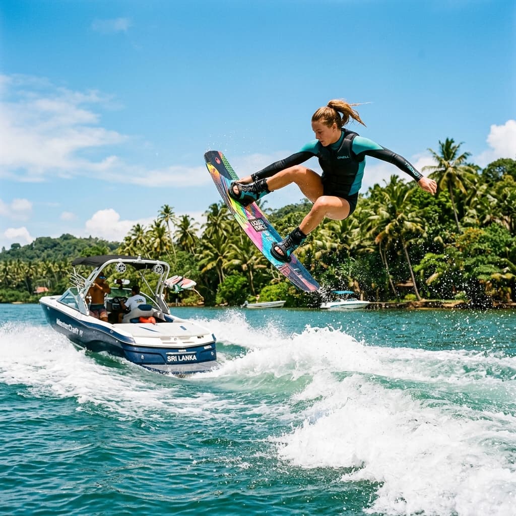 Wakeboarder performing a high jump off the wake in a tropical lagoon