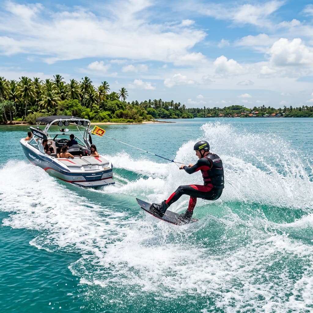 Professional wakeboarder carving a huge wave behind a wakeboard boat in Sri Lanka