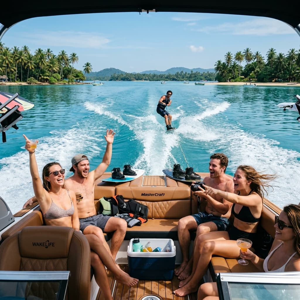 View from inside a wakeboard boat looking at a rider on flat water