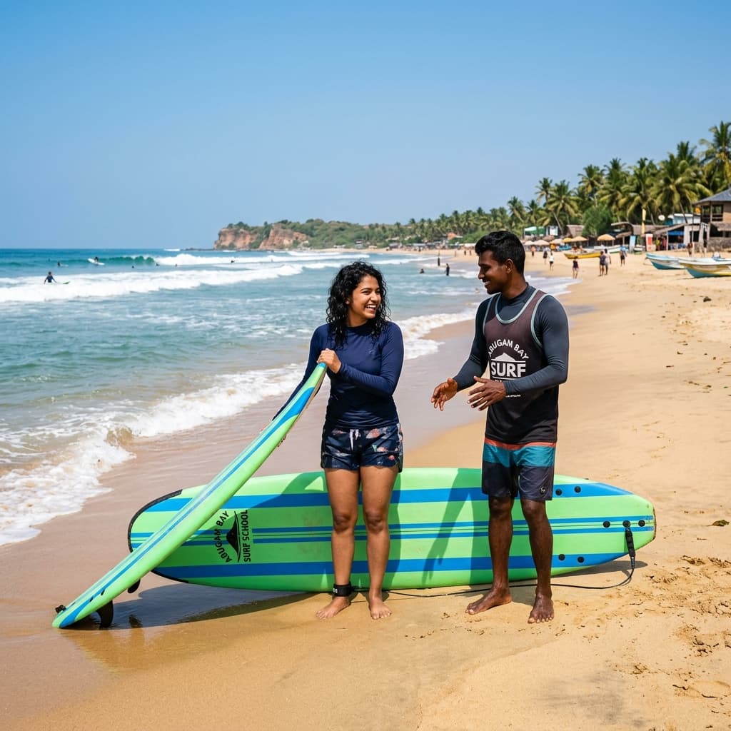 Indian tourist taking a beginner surf lesson on the beach in Arugam Bay