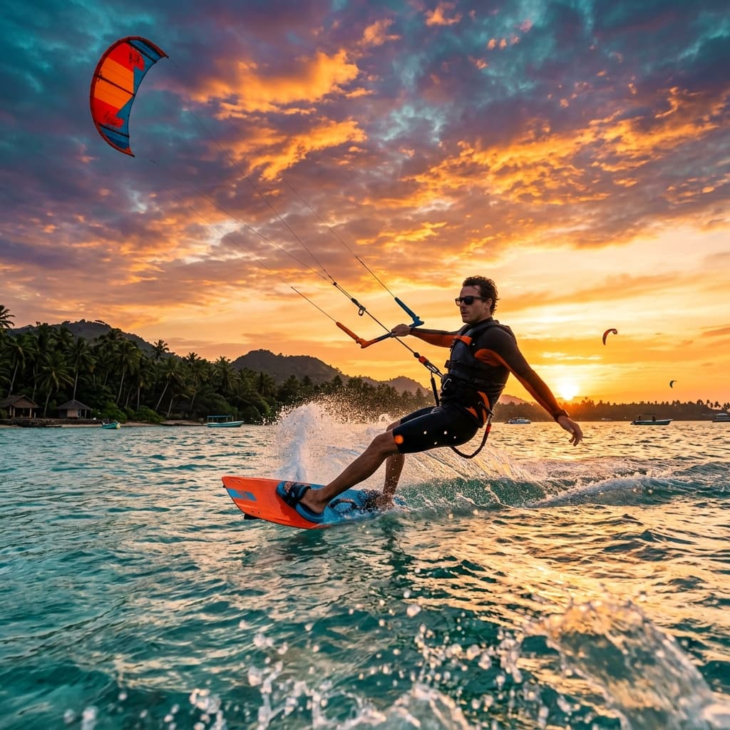 Action shot of a kitesurfer riding fast across the flat water lagoon
