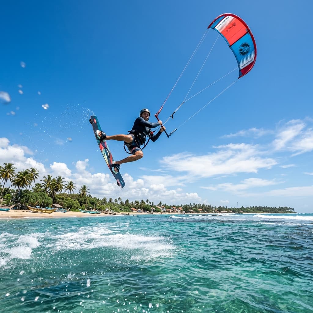 Professional kitesurfer jumping high over the blue waters of Arugam Bay lagoon