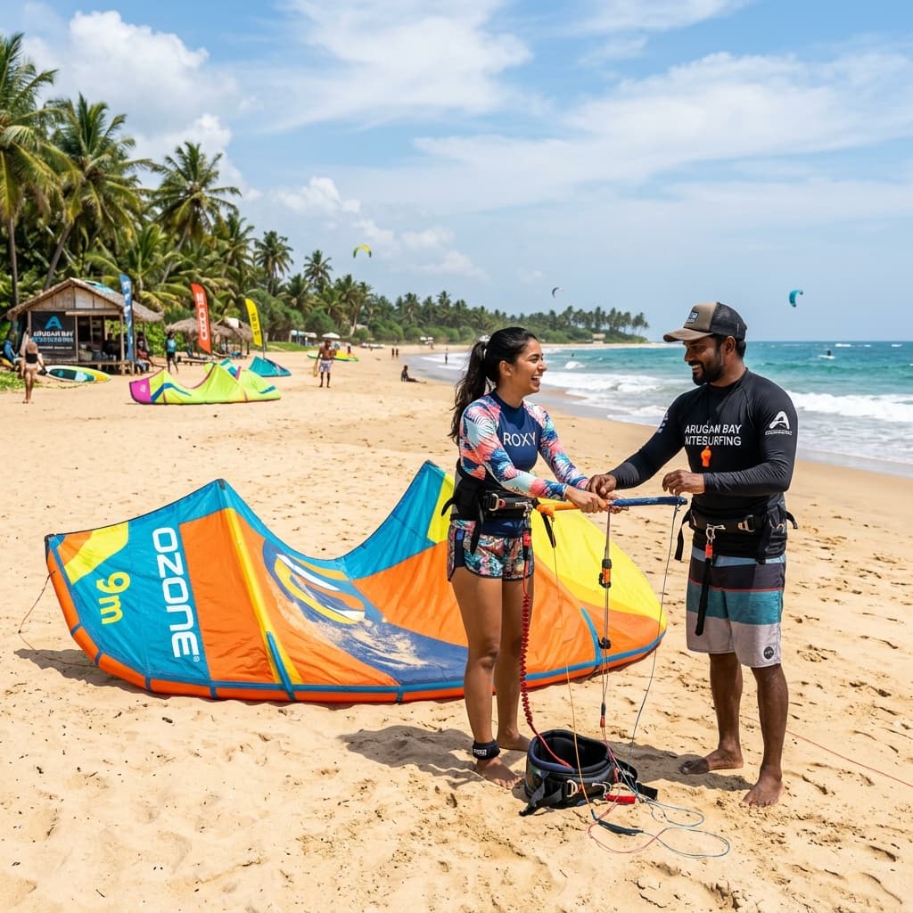 Friendly kitesurfing instructor teaching a beginner on the beach in Sri Lanka