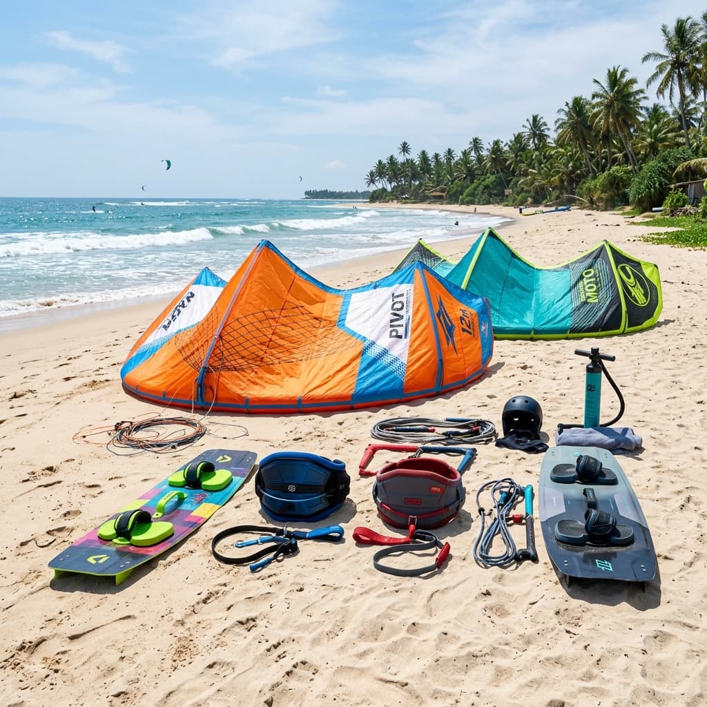Premium kitesurfing gear and boards laid out on the sandy beach