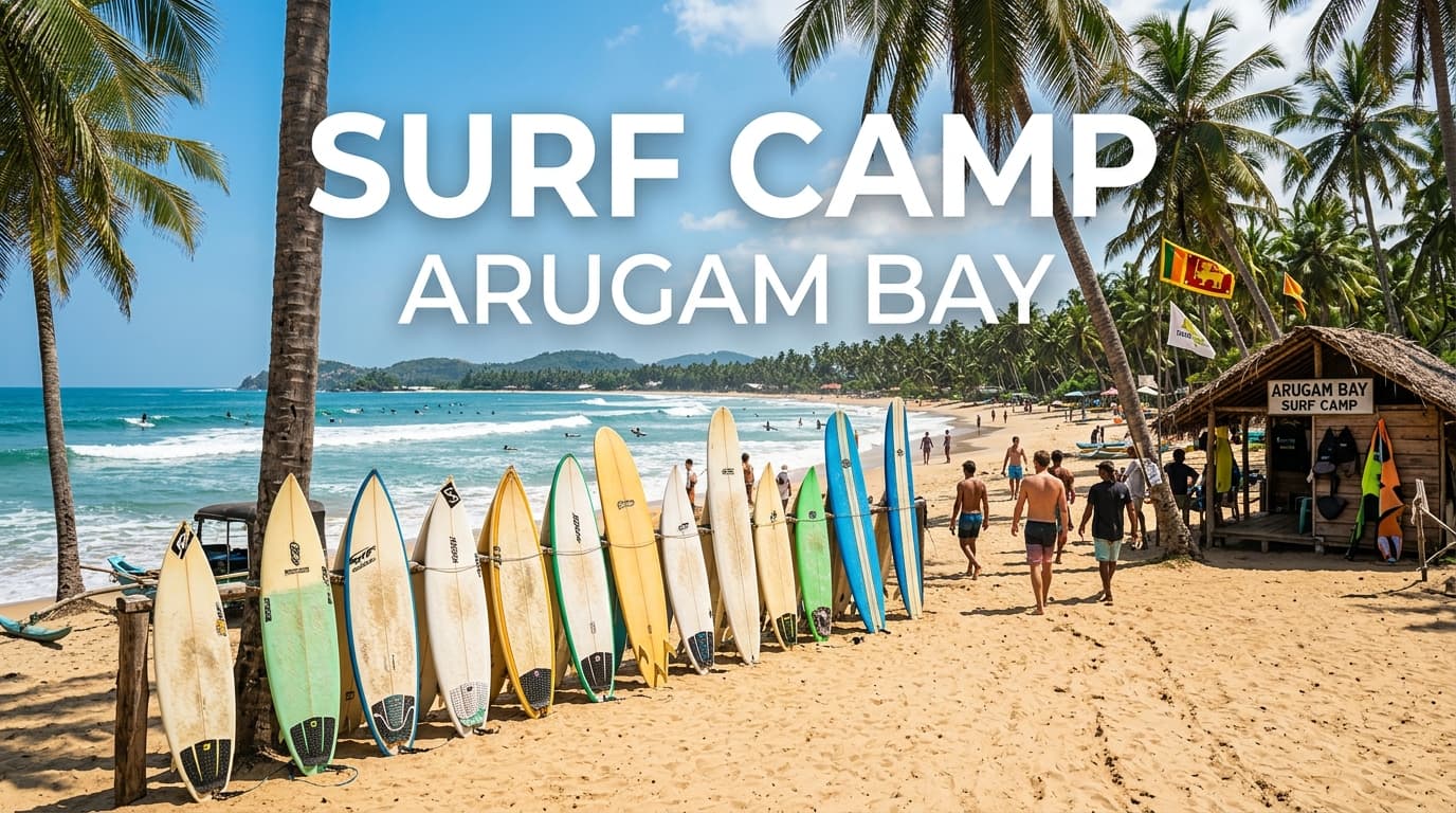 arugam bay surf camp setup, tropical beach, sri lanka surfing, surf holiday, surfboards on beach